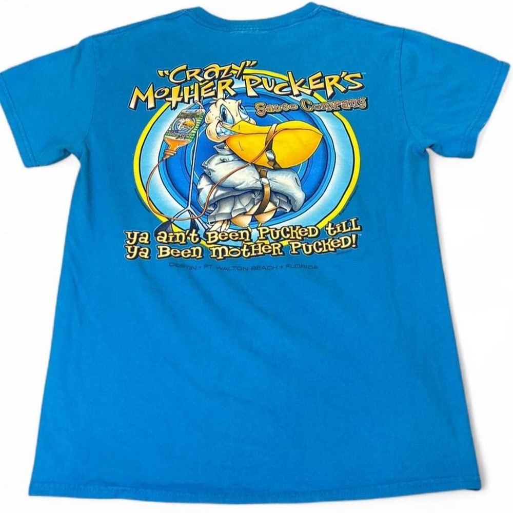 Blue "Crazy Mother Pucker's" graphic tee